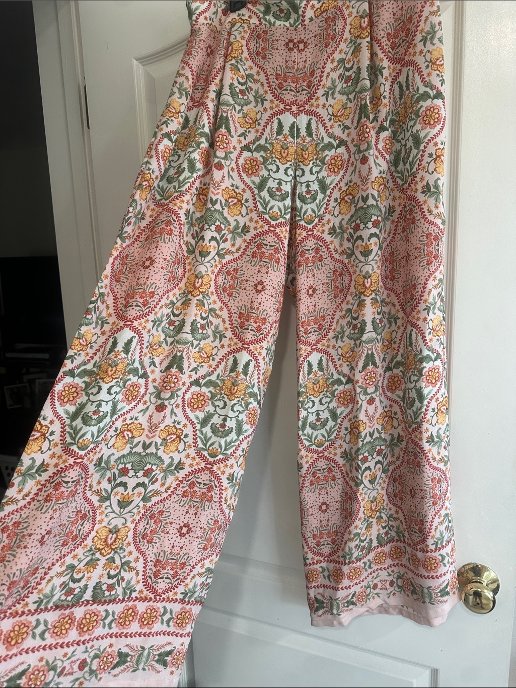 Patterned Wide-Leg Palazzo Pants In Pink, Green & Yellow